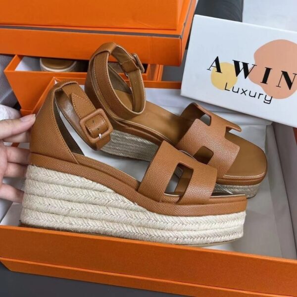 HERMES Leather lame heel strap sandals