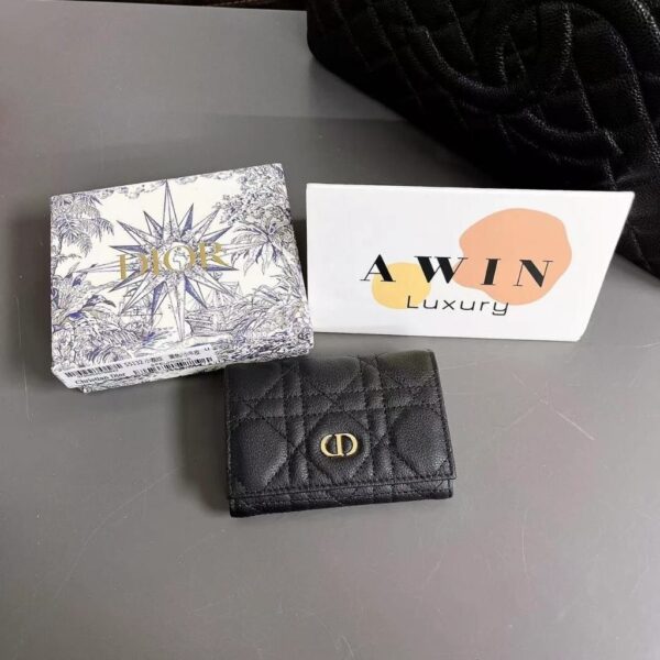 DIOR CARO 10.5CM Rattan Plaid calfskin wallet clip