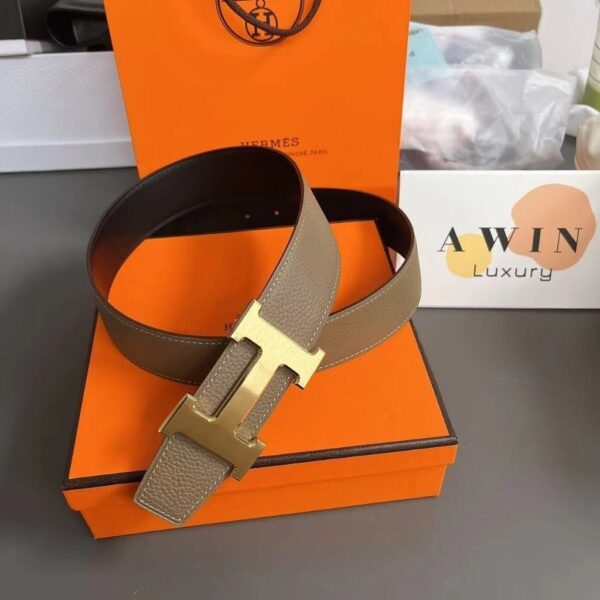 HERMES Gold buckle leather double-sided belt for men and women