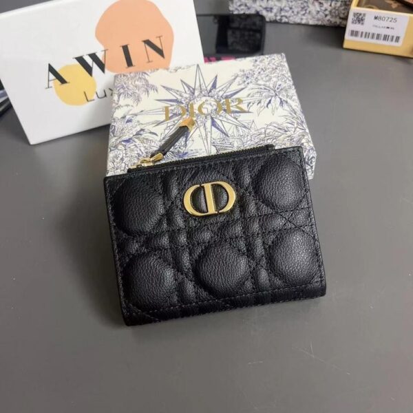DIOR CARO 10.5CM Rattan Plaid calfskin wallet clip