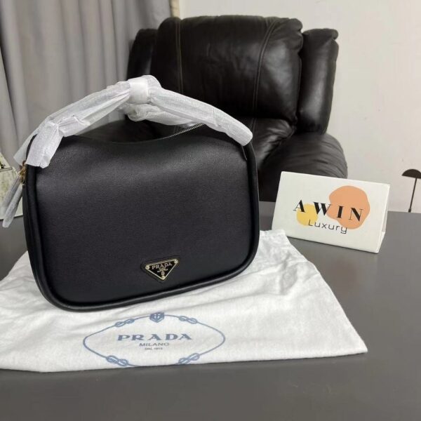 PRADA 20CM Triangle logo zipper leather handbag