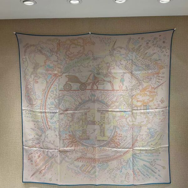 HERMES Pegasus Pattern Logo Letter Printed Mulberry Silk Scarf for Women 110X110CM