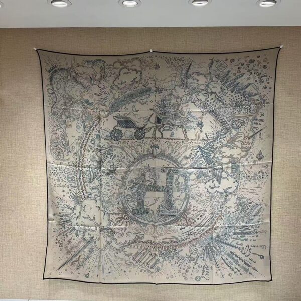 HERMES Pegasus Pattern Logo Letter Printed Mulberry Silk Scarf for Women 110X110CM