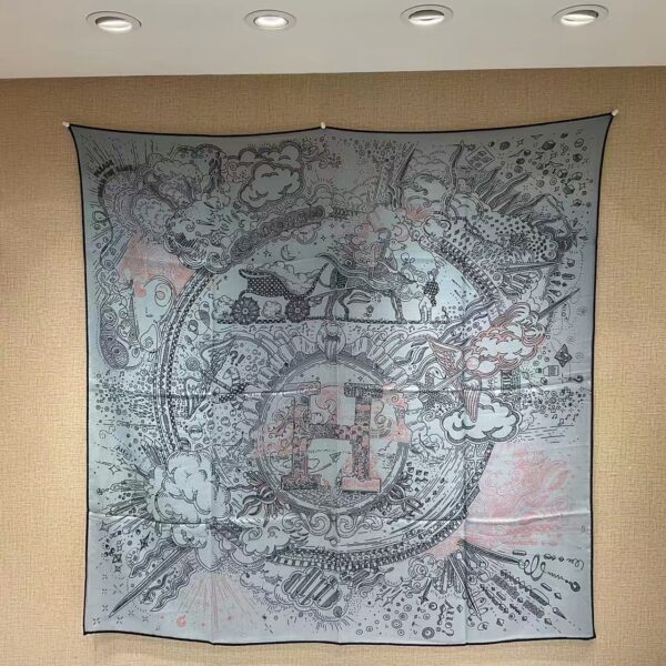 HERMES Pegasus Pattern Logo Letter Printed Mulberry Silk Scarf for Women 110X110CM