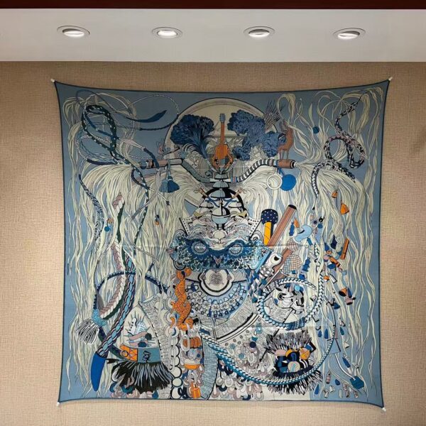HERMES Handmade rolled edge silk scarf with printed pattern, men's holiday gift 110x110cm