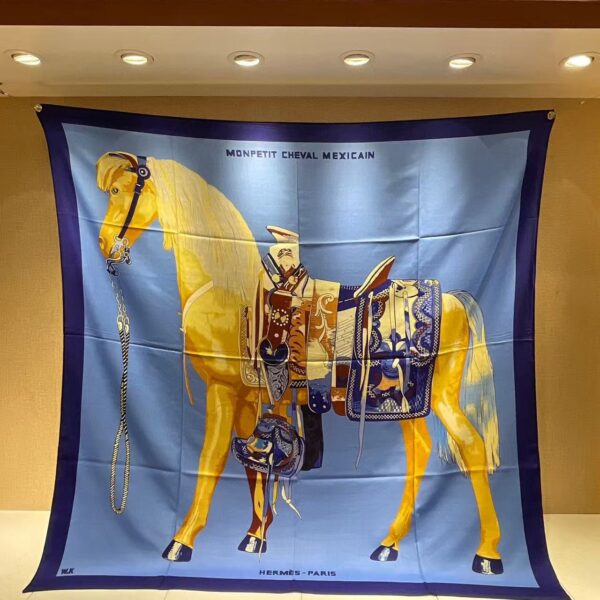 HERMES MON PETIT CHEVAL MEXICAIN Horse pattern decorative scarf for women's holiday gift 140x140CM