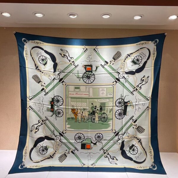 HERMES Carriage pattern printed mulberry silk scarf for women's holiday gift 140x140cm