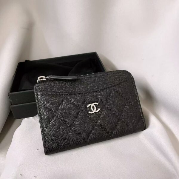 CHANEL 23C Checkered grain leather zipper wallet card bag black women's holiday gift