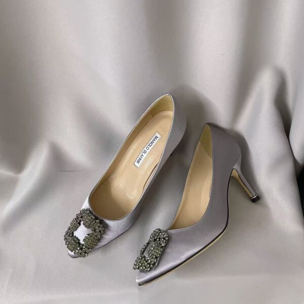 MANOLO BLAHNIK HANGISI Fashion satin rhinestone pointed thin heel high heels gray women's gift