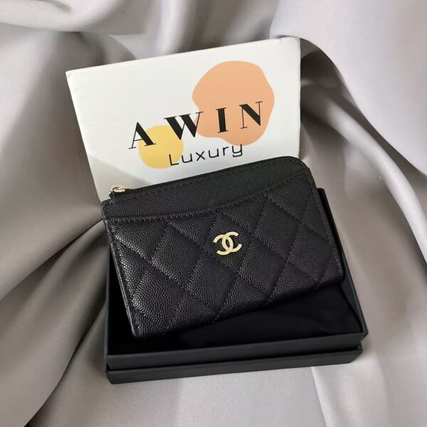 CHANEL 23C Fashion Classic Grain Sheepskin Wallet Card Bag Women's Black Holiday Gift