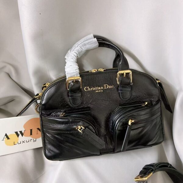 DIOR Grand Tour Fashionable pleated design leather bowling bag shoulder bag crossbody bag handbag black women's holiday gift