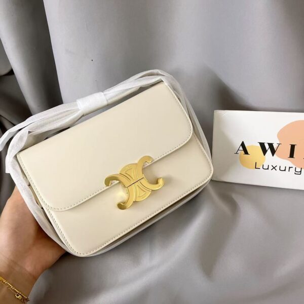 CELINE Triomphe Fashionable and versatile metal buckle leather handbag armpit bag shoulder bag crossbody bag women's holiday gift white